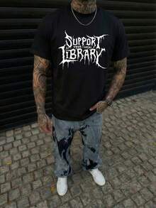 男士“支持本地图书馆”标语金属文字印花落肩T恤，休闲街头朋克哥特风，柔软触感，夏季款 - 黑色 - 查看 1