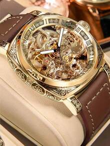 1 Stück Männer Business Style Schwarze Zink Legierung Skelett Automatische Selbstbewegliche Tourbillon Hohlen Mechanischen Armbanduhr Mit Nachtleuchtend - Rostbraun - Übersicht 9