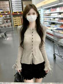 秋季长袖针织开衫上衣，简约设计修身叠穿套头衫 - 卡其色 - 查看 5