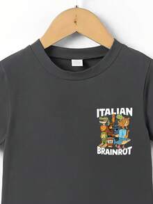 男童休闲时尚街头日常通勤趣味卡通字母印花短袖T恤，夏季 - 灰色 - 查看 3