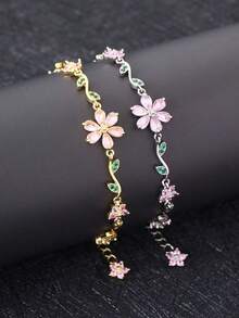 1 pieza Pulsera elegante con flores y circonita cúbica, accesorio de joyería de moda para mujer, ideal para uso diario y regalo del Día de San Valentín - Oro B - Ver 3