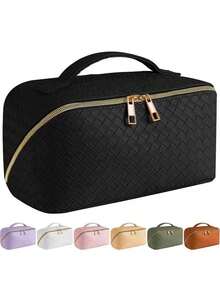 1 Stück gewebter karierter Kosmetikbeutel, Make-up Tasche, erhältlich in Pink, Schwarz, Weiß, Reise-Organizer mit großer Kapazität, hochwertige neue Gestaltung, Neujahrgeschenk, Handtasche, ideales Geschenk für Ehefrau, kann Kosmetika, Make-up Pinsel, Schmuck, Halsketten aufnehmen, tolles Geschenk für Freunde, Make-up Raum Dekoration - Pink - Übersicht 4