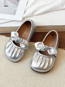 1双幼儿女童浅口皮革蝴蝶结公主鞋，防水防滑婴儿爬行鞋，软底复古玛丽珍鞋，透气休闲一脚蹬鞋，适合春、夏、秋季穿着 - 銀色 - 查看 4