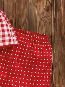 Bộ đồ 2 món cho bé gái gồm áo hai dây kẻ caro và quần short chấm bi, điểm nhấn là nơ, trang phục mùa hè sành điệu và đáng yêu cho bé gái sơ sinh/trẻ nhỏ. - Đỏ - Xem 6