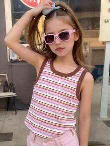 Girls' Striped Sleeveless Top, Cute & Fashionable Comfortable Tank Top, Suitable For Outdoor Activities/Daily Wear, Machine Washable - Pink - View 6