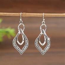 Bohemian Vintage Hollow Geometric Carved Floral Pattern Earrings, Suitable For Women's Daily Wear And Gift - Silver - View 2