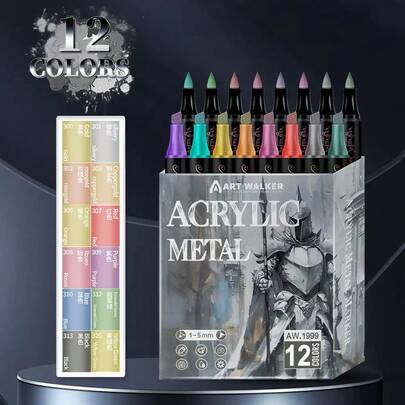 12 Colors Metallic Color Acrylic Markers Double Headed, Colouring Marker Pens Set,Quick Drying, Fade Resistant,Perfect For Painting, Illustrations, Handcrafted Art,School Back-To-School Season For Coloring Books And Other DIY Projects,Suitable For Paper, Fabric, Wood, Rocks, Plastic, Glass, Ceramics, Pumpkins, Metal,Etc., Acrylic Paint Marker Pen For Easter,Thanksgiving, Halloween, Christmas Gifts