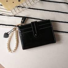 Heart-Shaped Pearl Crackle Leather Small Niche Retro Short Foldable Ins Style Women Wallet, PU Multifunctional Bifold Purse - Multicolor - View 10