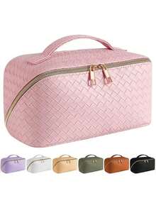 1 Stück gewebter karierter Kosmetikbeutel, Make-up Tasche, erhältlich in Pink, Schwarz, Weiß, Reise-Organizer mit großer Kapazität, hochwertige neue Gestaltung, Neujahrgeschenk, Handtasche, ideales Geschenk für Ehefrau, kann Kosmetika, Make-up Pinsel, Schmuck, Halsketten aufnehmen, tolles Geschenk für Freunde, Make-up Raum Dekoration - Pink - Übersicht 12