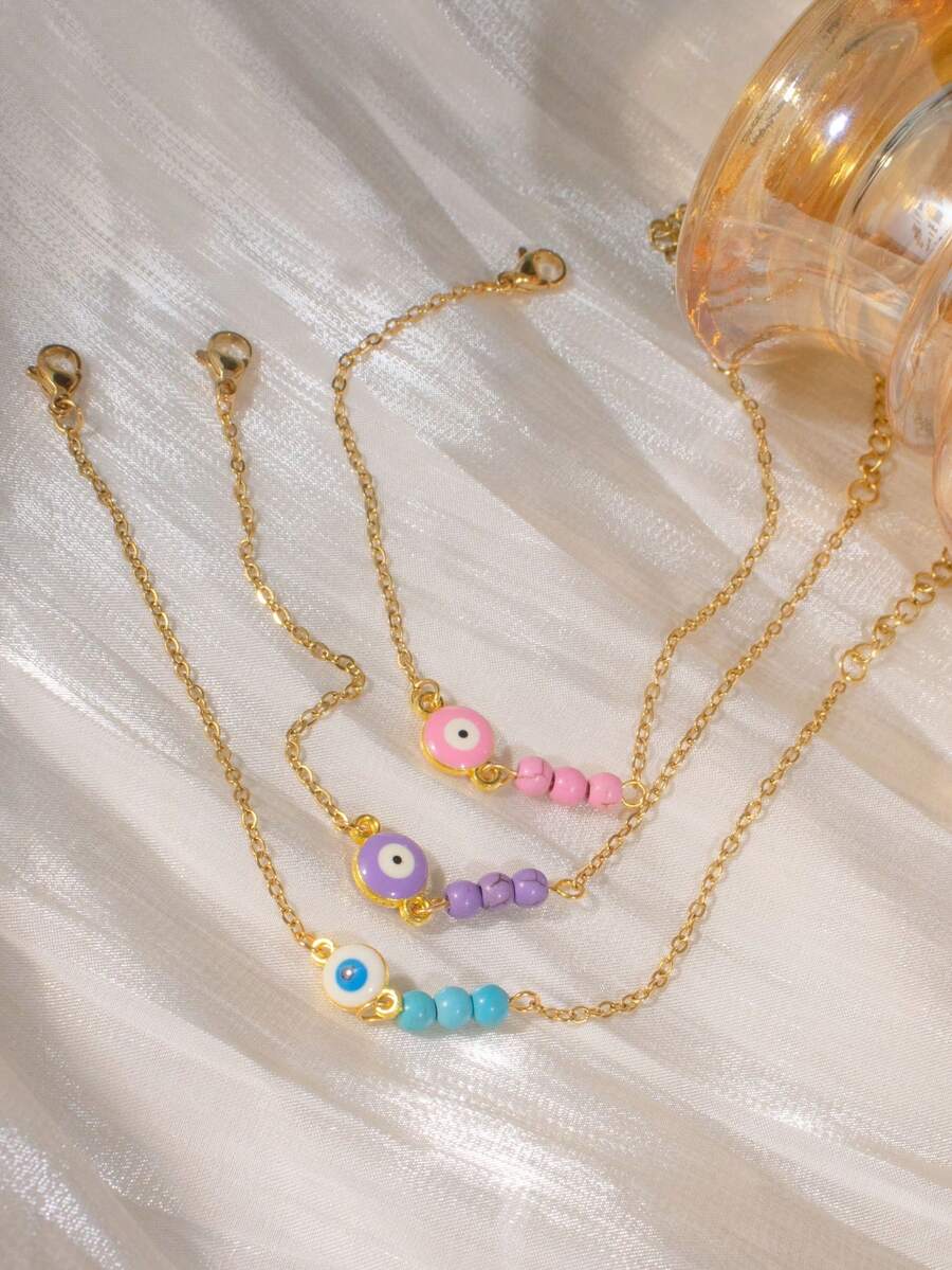 可爱清新粉色、紫色、白色、绿松石色眼睛可调节长度不锈钢女士恶魔眼手链，适合日常佩戴 - 彩色 - 查看 1