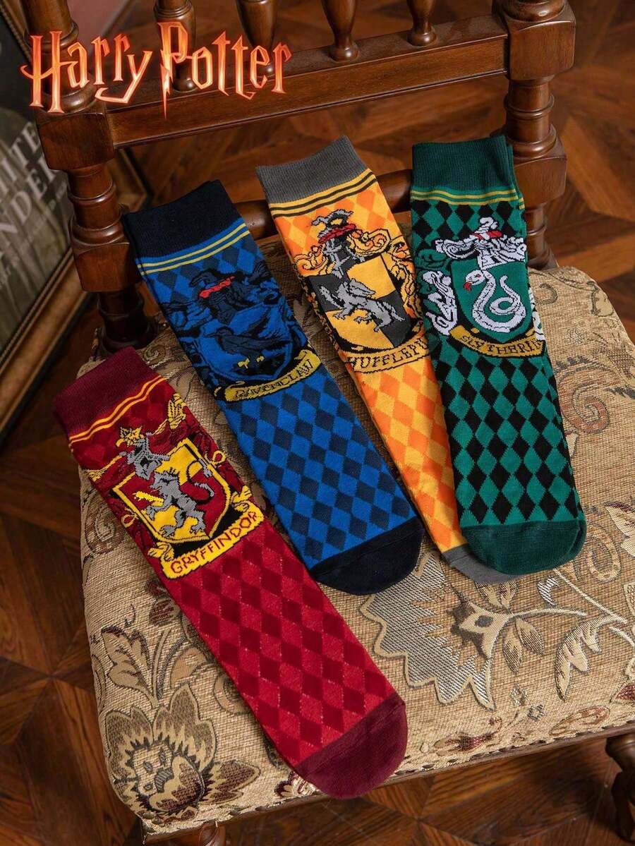 Warner Bros 4 Pairs Harry Potter Series Socks With School , Shield, Animal Cartoon Designs, Breathable & Warm Mid-Calf Socks, Suitable For Daily Wear, Spring/Summer - Multicolor - View 1