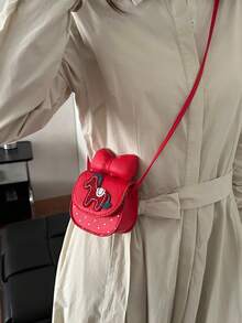 Women's Fashionable Mini Handbag, Stylish Cartoon Embroidered Half-Circle Saddle Bag, Flap Small Crossbody Bag - Red - View 3