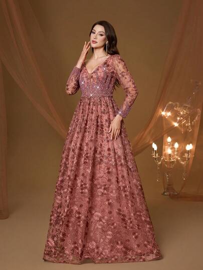 Mgiacy Coffee Brown Floral Embroidered V-Neck Long Sleeve Maxi Dress, Elegant Women's Summer Gown For Prom, Dinner, Party & Festival Outfits