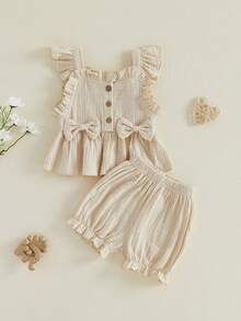 Baby Girls Summer Outfits Cute Bow Flying Sleeves Button Tops and Elastic Shorts Set Fashion Cute Clothes - Albaricoque - Ver 2