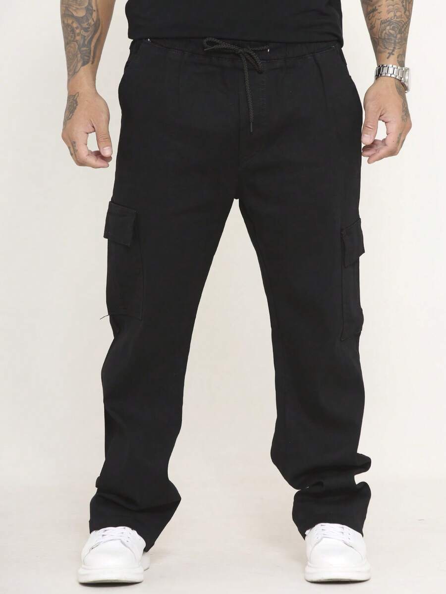 Men's Cargo Pants In Twill And Denim, Comfortable Oversized Casual Fit With 6 Pockets, Skate Style - Black - View 1