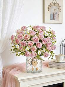 1 Peça Combinação de Flores Artificiais de Rosa e Hortênsia de 29 cm, Flores de Seda Falsa para DIY, Decoração de Casa, Casamento, Centro de Mesa, Jardim, Sala de Estar, Decoração de Quarto, Decoração de Quarto, Decoração de Ramos, Presente do Dia dos Namorados - Rosa chiclete - Visão 2
