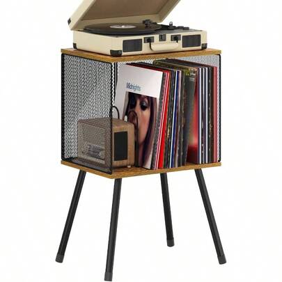 Soporte para tocadiscos con almacenamiento para álbumes, soporte retro pequeño para discos de vinilo - divisor ajustable, almacenamiento y organizador de libros/discos de vinilo, mesa de vinilo para la sala de estar, dormitorio