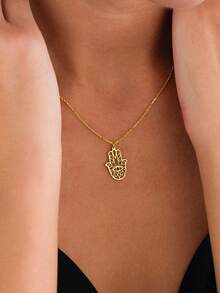 1pc 18K Gold Plated Stainless Steel Hamsa Hand Necklace, Fatima Hand Pendant Necklace, Evil Eye Necklace, Spiritual Faith Jewelry, Religious Necklace, Christmas Gift, Mother's Day Gift, Gift For Mom - Gold - View 7
