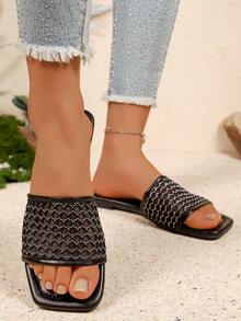 女士方头平底透气网面白色波浪缝线时尚拖鞋 - 黑色 - 查看 1