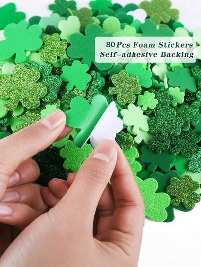 80/160 ชิ้น สติกเกอร์วันเซนต์แพทริค, ของตกแต่งโฟมรูปโคลเวอร์, สติกเกอร์โคลเวอร์มีกาวในตัว, สติกเกอร์วันเซนต์แพทริคแบบกลิตเตอร์และแบบด้าน, เหมาะสำหรับแขกในงานปาร์ตี้, งานฝีมือวันเซนต์แพทริค, ปาร์ตี้ธีมไอริช DIY, ของตกแต่งและของขวัญสำหรับปาร์ตี้วันเซนต์แพทริค
