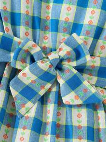 女童休闲蓝色格子连衣裙，配腰带，适合夏季派对、度假、日常穿着或演出。 - 藍色 - 查看 7