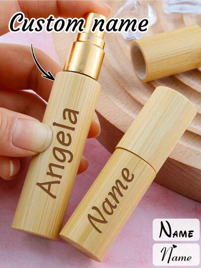 Custom Name Refillable Perfume Bottle With Spray, Personalized Bamboo Travel Fragrance Atomizer For Daily Use, Elegant Customized Scent Container For Vanity Or Handbag, Minimalist Customizable Gift For Birthday, Anniversary Or Special Occasion