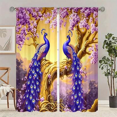 ستارة معتمة مزخرفة بطبعة طاووس 2 قطعة، ستارة جيب من البوليستر، مناسبة لغرفة النوم والصالة والمكتب - مقاومة للبهتان، تصفية الضوء، قابلة للغسل في الغسالة، ديكور موسمي
