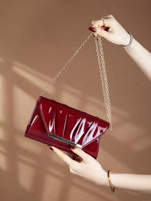 REMANLAND Elegant, Luxurious, Sophisticated, Low-Key Luxury Fashion Solid Color Patent Leather Clutch Bag, Portable Fashion PU Bag Suitable For Wedding, Party, Gala, Evening - Burgundy - View 2