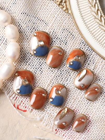 10pcs Press On Nails Short Acrylic Nail Kit Brown Blue Color Blocking Golden Flash Diamond Fake Nails Short Office DailyWear False Nails Artificial Nails Kit Includes 1sheet Adhesive Tabs &1 Pc Mini File