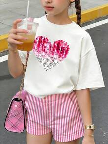 Blusa de manga corta holgada con estampado de dibujos animados para niña preadolescente - Blanco - Ver 9