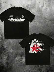 Y2K Style Print Tee Shirt 1pc  Flame & Star Graphic T-Shirt, Y2K, Streetwear, Digital Print T - Shirt Casual Comfort Cotton Tee For Spring & Summer Fall Men's Clothing, Halloween Gift,Unisex - 黑色 - 查看 1