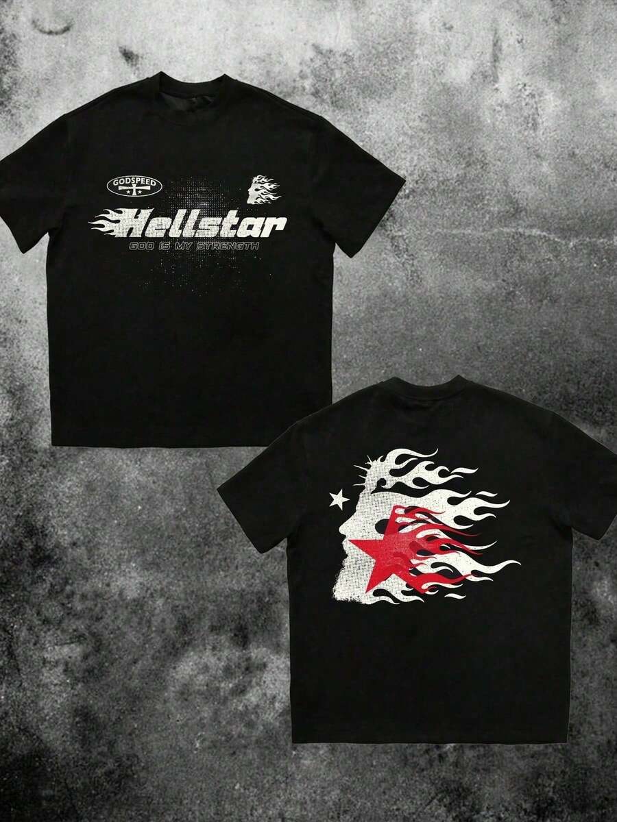 Y2K Style Print Tee Shirt 1pc  Flame & Star Graphic T-Shirt, Y2K, Streetwear, Digital Print T - Shirt Casual Comfort Cotton Tee For Spring & Summer Fall Men's Clothing, Halloween Gift,Unisex - 黑色 - 查看 1