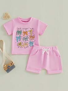 Little Toddler Girl Summer Outfit Bow Letter Print Short Sleeve T-Shirts And Solid Shorts 2 Piece Set - Pink - View 6