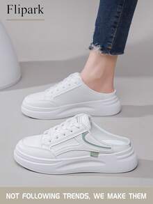 Flipark 1 Pair Women's Casual Shoes With Thick Soles, White With Green Accents + Green Leather Upper, Lightweight Non-Slip Low-Top Slip-On Sneakers For Daily Commute - Green - View 2