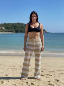 Beach Cover-Up Pants, Drawstring, Striped, Crochet, Blogger Style, Luxury Knitwear, Elegant, Women's Fashion, Summer, Casual, Beach Vacation - 奶油色 - 查看 9
