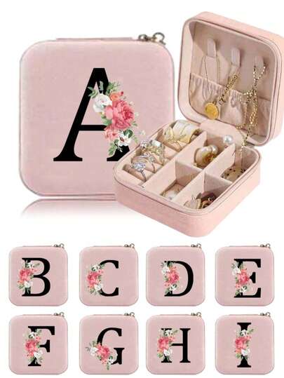 1pc Floral Letter Jewelry Box, A-Z Letter Travel Jewelry Box, Bridesmaid, Wedding Gift, Letter Ring Box, Women Gift Box, PU Leather Jewelry Box (Suitable For Rings, Pendants, Earrings, Necklaces, Etc.) - Gift Box For Girls And Ladies