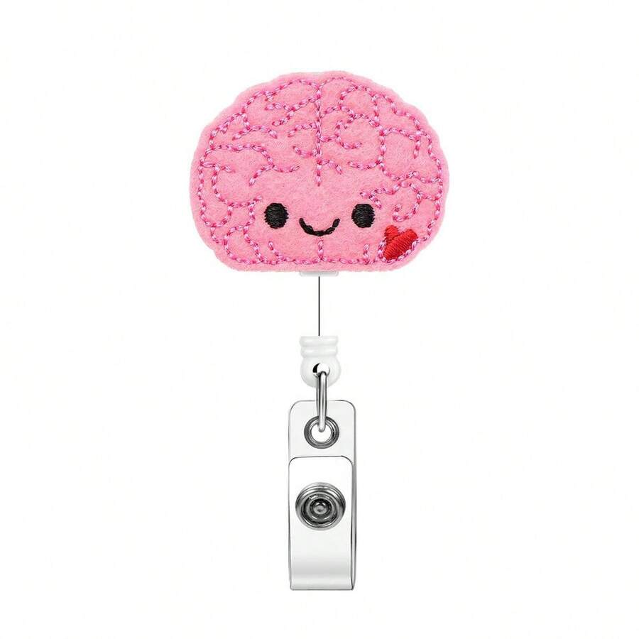 1pc Pink Brain Shaped Retractable ID Badge Reel Holder Clip - Multicolor - View 1