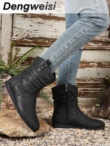 Black Pleated Side Zipper Flat Round Toe Comfortable Versatile Office Commute Daily Casual Mid-Calf Boots, Suitable For All Seasons - Black - View 3
