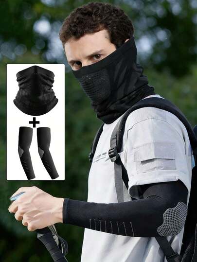 2pcs/Set Neck High Elasticity Face Mask For Men And Women & Men's Sunscreen Ice Sleeve Long Sleeve, Sport Cycling High Elasticity Ice Silk Elbow Sleeve, Outdoor Cycling Knitted Ski Mask, Breathable All Season Seamless Hollow Neck Cover, Headscarf, Cold Resistant Scarf For Women, Women's And Men's Cycling Sports Windproof Dustproof Neck Cover, Arm Protection Cycling Ice Sleeve, Outdoor Speed Drying Sport Ice Sleeve