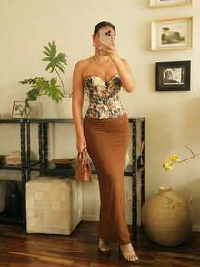 纯色优雅休闲露背高开衩及膝长裙，适合海滩、日常和度假穿着，春季款。 - 棕色 - 查看 2