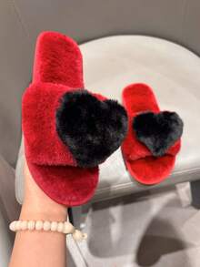 女士时尚百搭毛绒拖鞋，红色可爱黑色3D爱心室内家居拖鞋，平底软底鞋，情人节礼物，蓬松棉质拖鞋，露趾防滑软底女鞋 - 紅色 - 查看 3