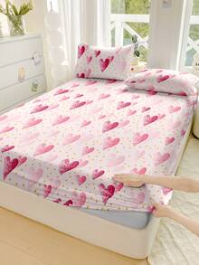 1件装心形印花超柔软床笠 - 仅含床垫保护套，可机洗，适合可爱、简约、清新、INS风等多种风格，提升卧室时尚感，多种尺寸（特大/大号/标准双人/单人），适用于家庭/宿舍/公寓/客房/度假租赁及送礼。 - 彩色 - 查看 1