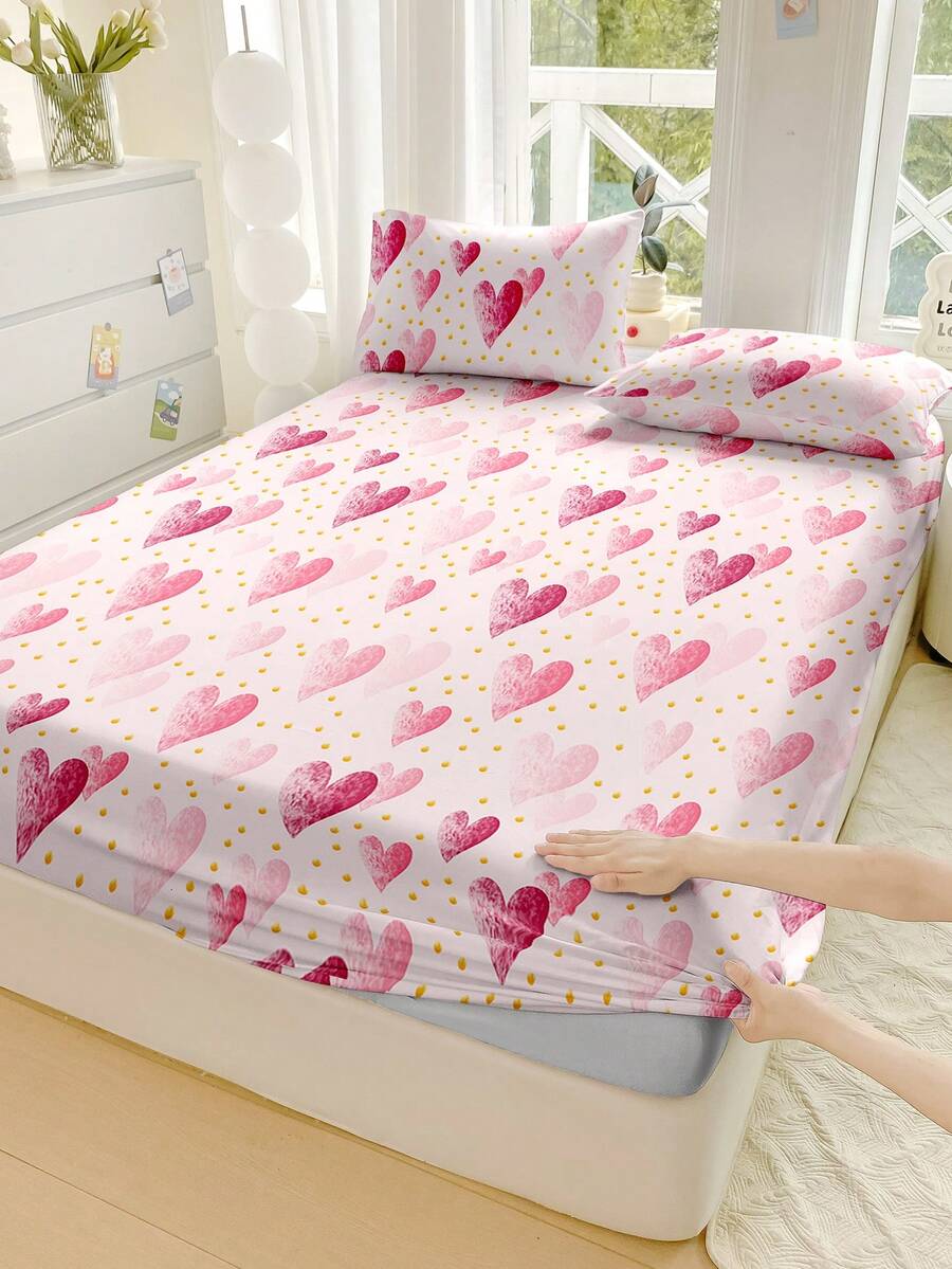 1件装心形印花超柔软床笠 - 仅含床垫保护套，可机洗，适合可爱、简约、清新、INS风等多种风格，提升卧室时尚感，多种尺寸（特大/大号/标准双人/单人），适用于家庭/宿舍/公寓/客房/度假租赁及送礼。 - 彩色 - 查看 1