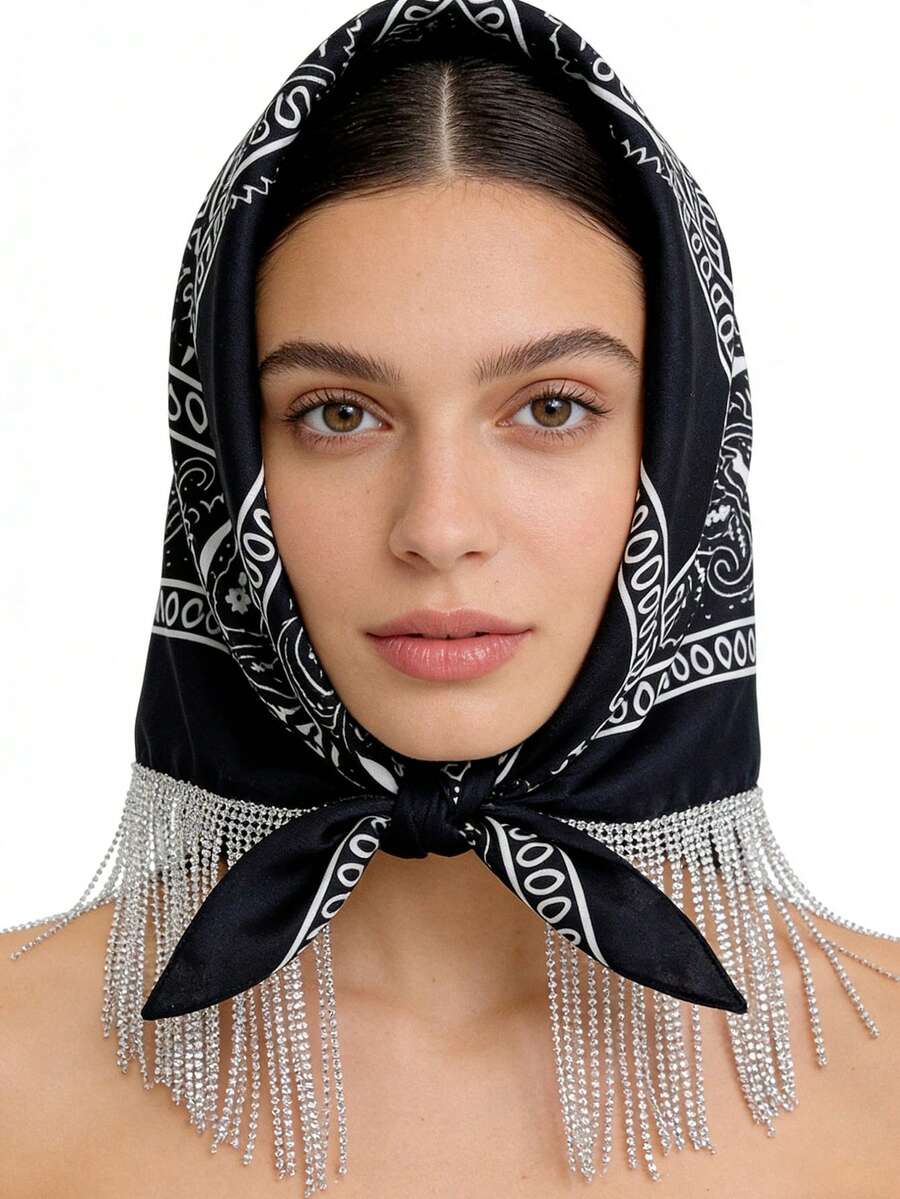 1件女士波西米亚风流苏方巾，仿钻石穗饰，适合派对、婚礼、街头等场合 - 彩色 - 查看 1