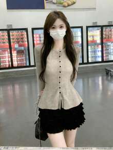 秋季长袖针织开衫上衣，简约设计修身叠穿套头衫 - 卡其色 - 查看 4