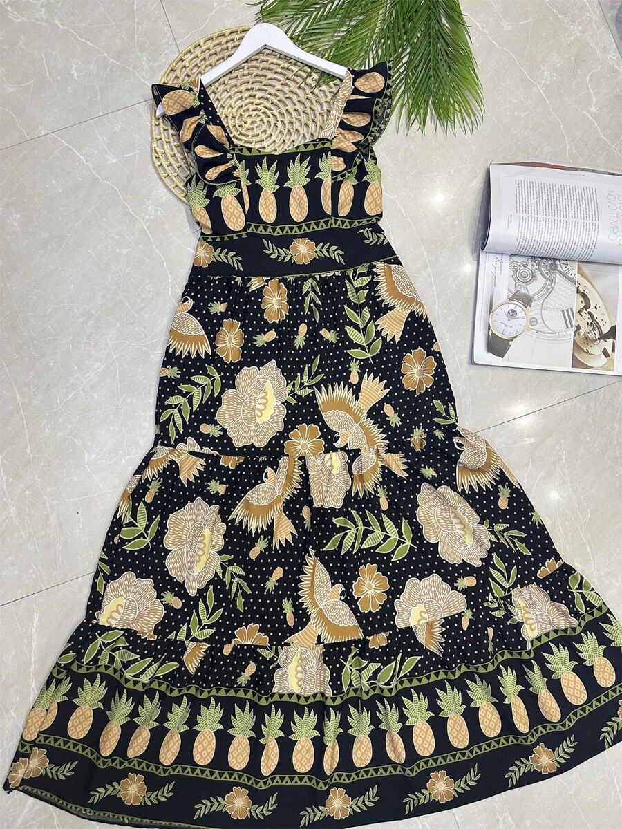 Long Dress With Print, Lined, With Built-In Bra Cups, Made Of Pretty, Fashionable Crepe Fabric. - Hitam/Khaki - View 1