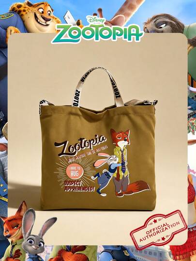 Disney 1个迪士尼官方授权疯狂动物城印花帆布手提袋，男士多功能卡通可调节肩带手提单肩包，大容量手提包，——非常适合男士/学生，适合外出/日常/购物
