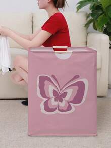 1pc Butterfly Pattern Printed Open-Top Storage Box, Foldable Storage Laundry Basket Bag With Wooden Handle, Home Bathroom Collapsible Dirty Clothes Hamper - Multicolor - View 6