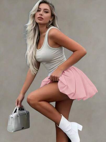 Solstice Apparel Bubble Pleated High Waist A-Line Mini Skirt, Pink Woven Fabric, Commute, Daily, Date, Spring/Summer, Valentine's Day