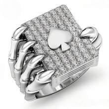 男士朋克摇滚风格骷髅头、爪子、扑克牌图案戒指，铂金镀层立方氧化锆 - 白金 - 查看 1